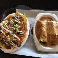 Nacho Platter · Chips covered with taco meat, beans, cheese sauce, taco sauce, sour cream, green onions and ...