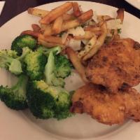 Fried Chicken Dinner · with mashed potatoes and spiced broccolini 