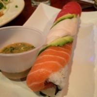 Double Rainbow Roll · 3 fish, cream cheese &  tamago. Topped with 3 fish & avocado served with wasabi sauce