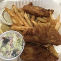 Fish and Chips · Served with skin-on fries and coleslaw made with our Atlantic haddock.