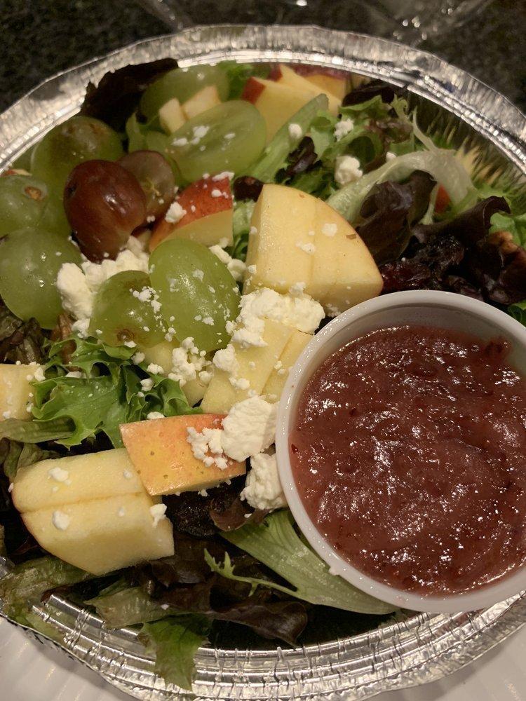 Hoboken Salad · Mesclun greens, dried cranberries, red and green grapes, apples, pecans, and goat cheese tossed in our homemade raspberry vinaigrette.