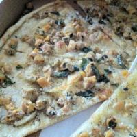Clam Pizza · Chopped fresh clams, extra virgin olive oil, black pepper oregano and Romano cheese.