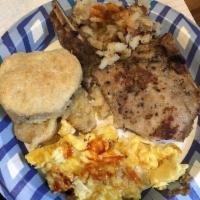 Reggie Jackson Special · Served with 2 fried pork chops, 2 eggs any style, choice of hash browns, grits or rice. Come...