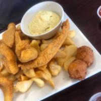 Catfish Plate · Served with french fries, hush puppies and your choice of side salad, potato salad or colesl...