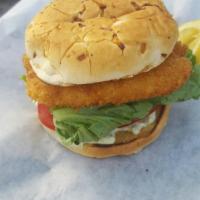 Fishwich · a generous cut of wild-caught cod served on an onion bun with cart-made tartar sauce, lettuc...