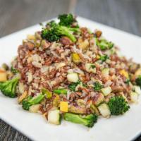 Fried Red Rice with Pistachio · Red rice, diced broccoli, carrot, zucchini, yellow squash, pistachio