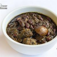 Ghormeh Sabzi · Beef chunk and herb stew with red kidney beans and sundried lime.
