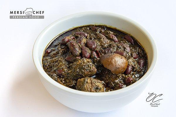 Ghormeh Sabzi · Beef chunk and herb stew with red kidney beans and sundried lime.
