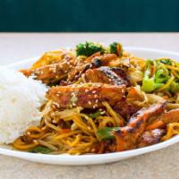 Yakisoba · Stir fried vegetables and thin noodles in our special sauce. Served with steamed rice and st...