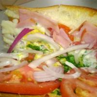Italian Sub · Ham, pepperoni, salami, lettuce, tomatoes, mayo, mustard, and onions. Comes on 10