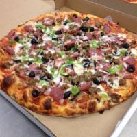 New York Works Pizza · Pepperoni, Canadian bacon, Italian sausage, onions, mushrooms, green peppers, black olives, ...