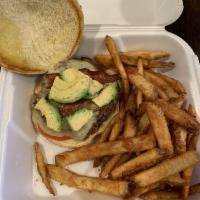 Monterey Moo Burger · On a kaiser bun with Jack cheese, bacon, avocado. moo sauce, lettuce, tomato, and red onions.