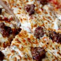 Lazy Lasagna Pizza · Includes: beef, Italian sausage, ricotta and mozzarella cheese.