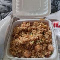 Shrimp and BBQ Pork Fried Rice · Chinese style fried rice with shrimp and BBQ pork, might contain eggs, green onion, soy sauce
