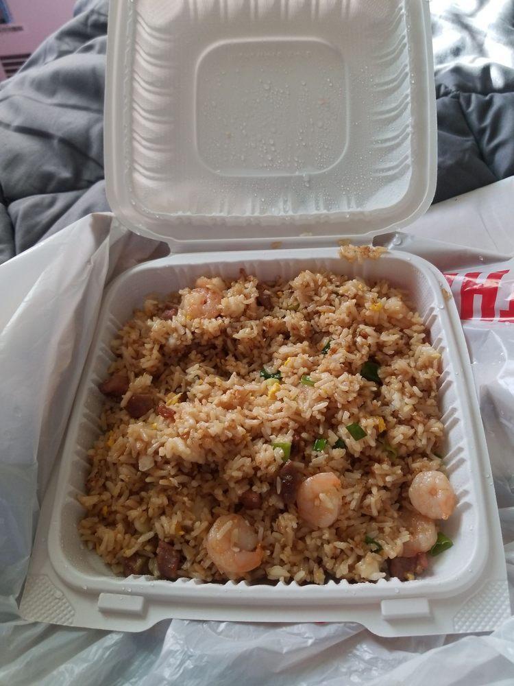 Shrimp and BBQ Pork Fried Rice · Chinese style fried rice with shrimp and BBQ pork, might contain eggs, green onion, soy sauce
