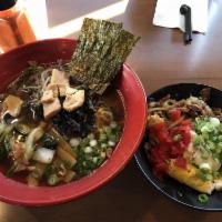 Veggie Ramen · Vegetable broth, soy sauce seasoned marinated tofu, wood ear mushroom, nori, corn, bean spro...