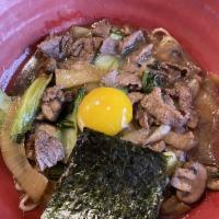 Sukiyaki Ramen · No soup. Sliced beef and vegetable deep in sukiyaki sauce, comes with yolk.
