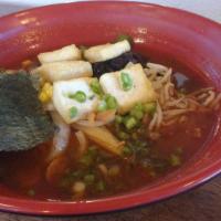 Spicy Veggie Ramen · Spicy vegetable broth, soy sauce seasoned marinated tofu, wood ear mushroom, nori, corn, bea...