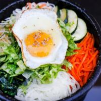 Bibim Bop · Bulgogi beef , shrimp, chicken or tofu with rice, vegetables and egg, 4 small sides and hot ...