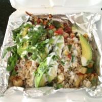 Quinoa Avocado Bowl · Quinoa, Aztec rice, avocado, grilled vegetables, cilantro & chimichurri yogurt