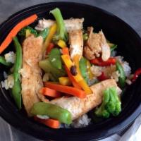 Chicken Teriyaki Bowl · Served with rice, a variety of vegetables and teriyaki sauce.