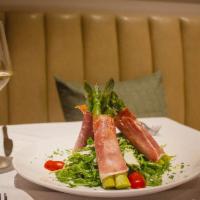 Asparagi E Prosciutto · Prosciutto Wrapped Asparagus, Roasted Red Peppers, Gorgonzola, EVOO