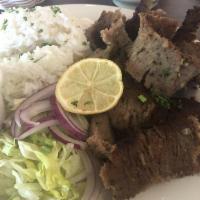 Gyro Plate · Gyro served with a side of tzatziki, rice and one side.