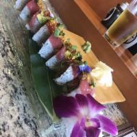 Albacore Special Roll · No rice, tempura shrimp, avocado, cucumber, crab and topped- albacore, diced cilantro, jalap...