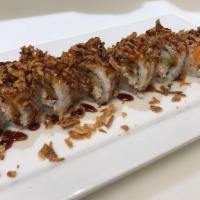 Crispy Onion Roll · In: crab mix, cucumber, and shrimp tempura. Out: crispy onion and eel sauce.