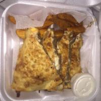 Loaded Steak Quesadilla · Steak, bacon, onions, cheddar, and mozzarella cheese. Served with french fries, sour cream a...