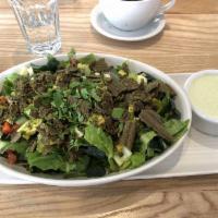 Falafel Salad · Deep leafy greens, topped with avocado, tomato, bell pepper, cucumber,
celery, red onion, ol...