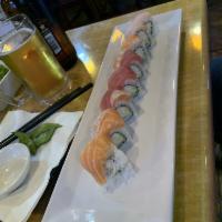 Rainbow Roll · Crab, avocado, 4 kinds of fish on top.