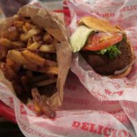 Shroom Burger · Organic Portobello Tops stuffed with muenster and cheddar, flash fried with panko crumbs, ru...