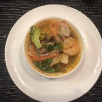 Seafood Soup · Scallop, shrimp, crabmeat and mixed vegetables in Japanese clear broth.