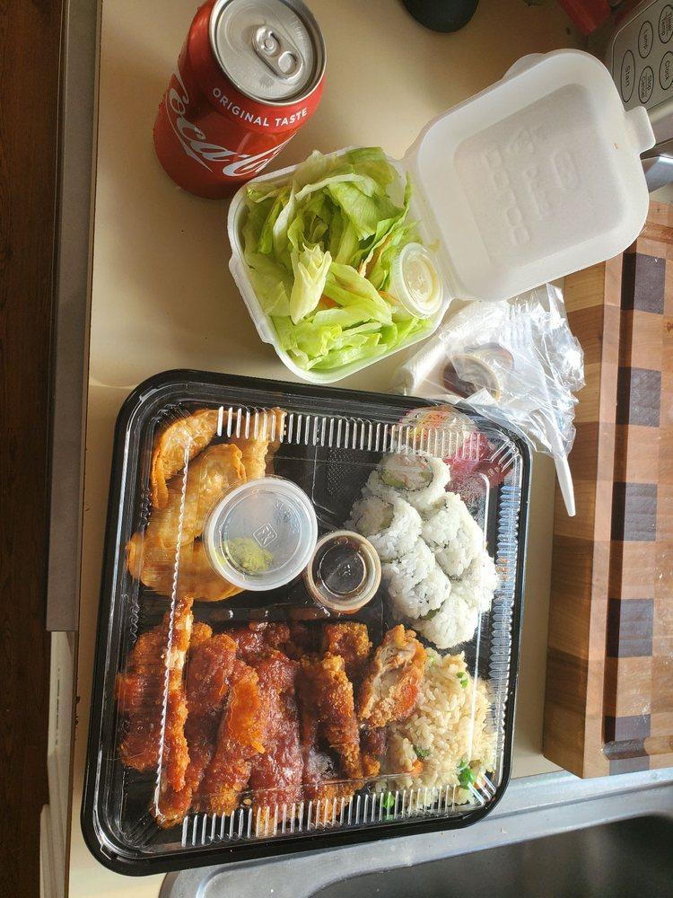Chicken Katsu Bento · Japanese deep fried chicken cutlet. With California roll and 4 Pieces gyoza , rice and salad.