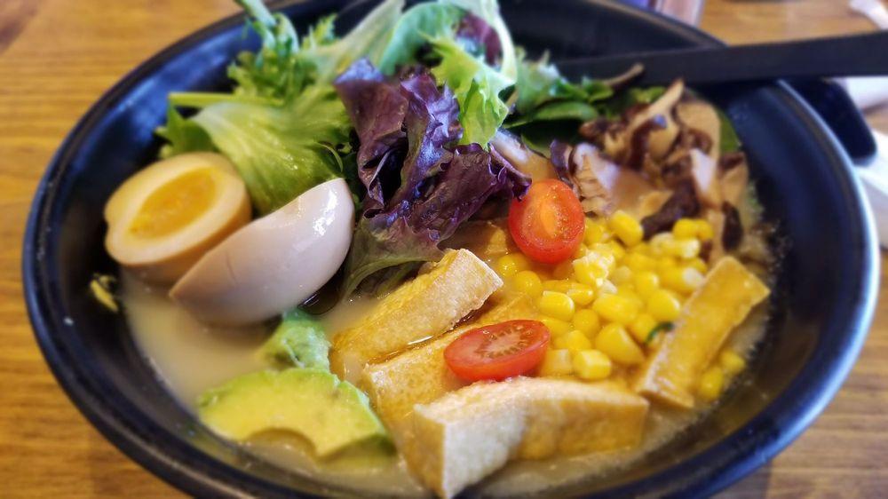 Vegetarian Ramen · Vegetable dashi base soup, bok choy, cherry tomato, shiitake mushroom, avocado, bean sprout, fried tofu and corn.