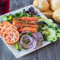 Lox Platter · Lox, Cucumber, Tomato, Onion, Capers, Bagel, and Cream Cheese.