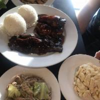 Ohana Plate · Teriyaki short ribs, BBQ chicken, kalua pig, lomi salmon lomi can be substituted for mac, ri...