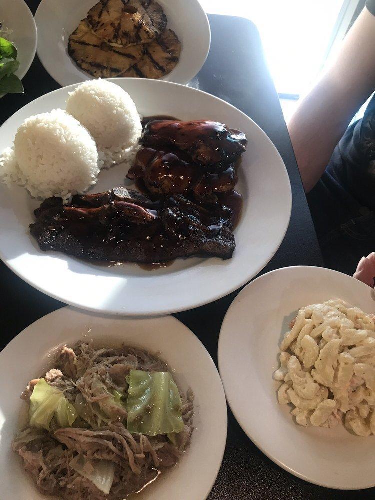 Ohana Plate · Teriyaki short ribs, BBQ chicken, kalua pig, lomi salmon lomi can be substituted for mac, rice or greens only. See below for description of lomi salmon.