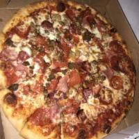 Meat Lover Pizza · Pepperoni, salami, Italian sausage, Canadian bacon, ground beef and mozzarella cheese.
