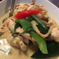 Green Curry · Green curry and coconut milk with bamboo shoots, Thai eggplant, green beans, green & red pep...