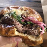 Oi Burger · Angus beef burger, pickled red onion, truffled balsamic shiitake mushroom, Muenster cheese, ...