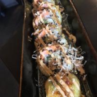 Lazy Chef Roll · Tempura fried roll with eel, krab, avocado, cream cheese, salmon, spicy aioli, eel sauce and...