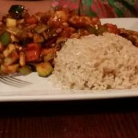 Kung Pao · Spicy Kung Pao sauce, whole chili pods, garlic, black vinegar, zucchini, water chestnuts, ce...