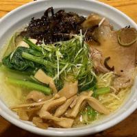 Shio Ramen · French sea salt, kelp, bonito, pork and chicken base. It comes paired with thin noodles. Inc...