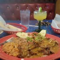 Carnitas Plate · Tender chunks of pork, smothered with green chili, served with guacamole, fried onions, and ...