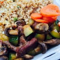 Hibachi Steak · Serve with mushrooms, zucchini and rice. 