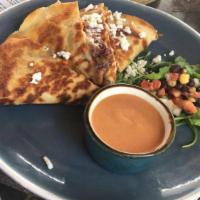 BBQ Burnt End Quesadilla · Flour tortilla with burnt ends, Jack cheese and black bean corn relish with spicy barbeque s...