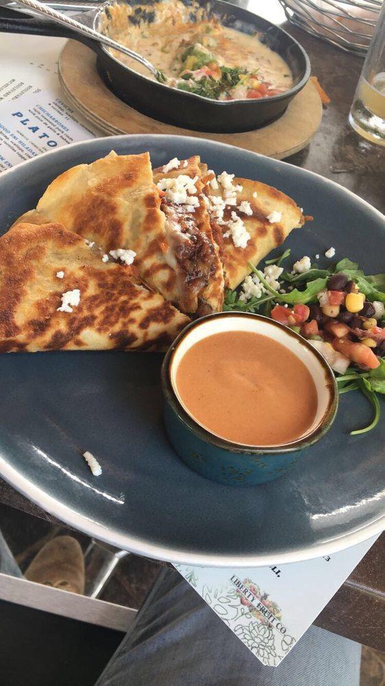 BBQ Burnt End Quesadilla · Flour tortilla with burnt ends, Jack cheese and black bean corn relish with spicy barbeque sauce.
