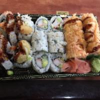 Angry Dragon Roll · Fried shrimp, spicy tuna and avocado inside, snow crab on top with eel sauce and spicy mayo.